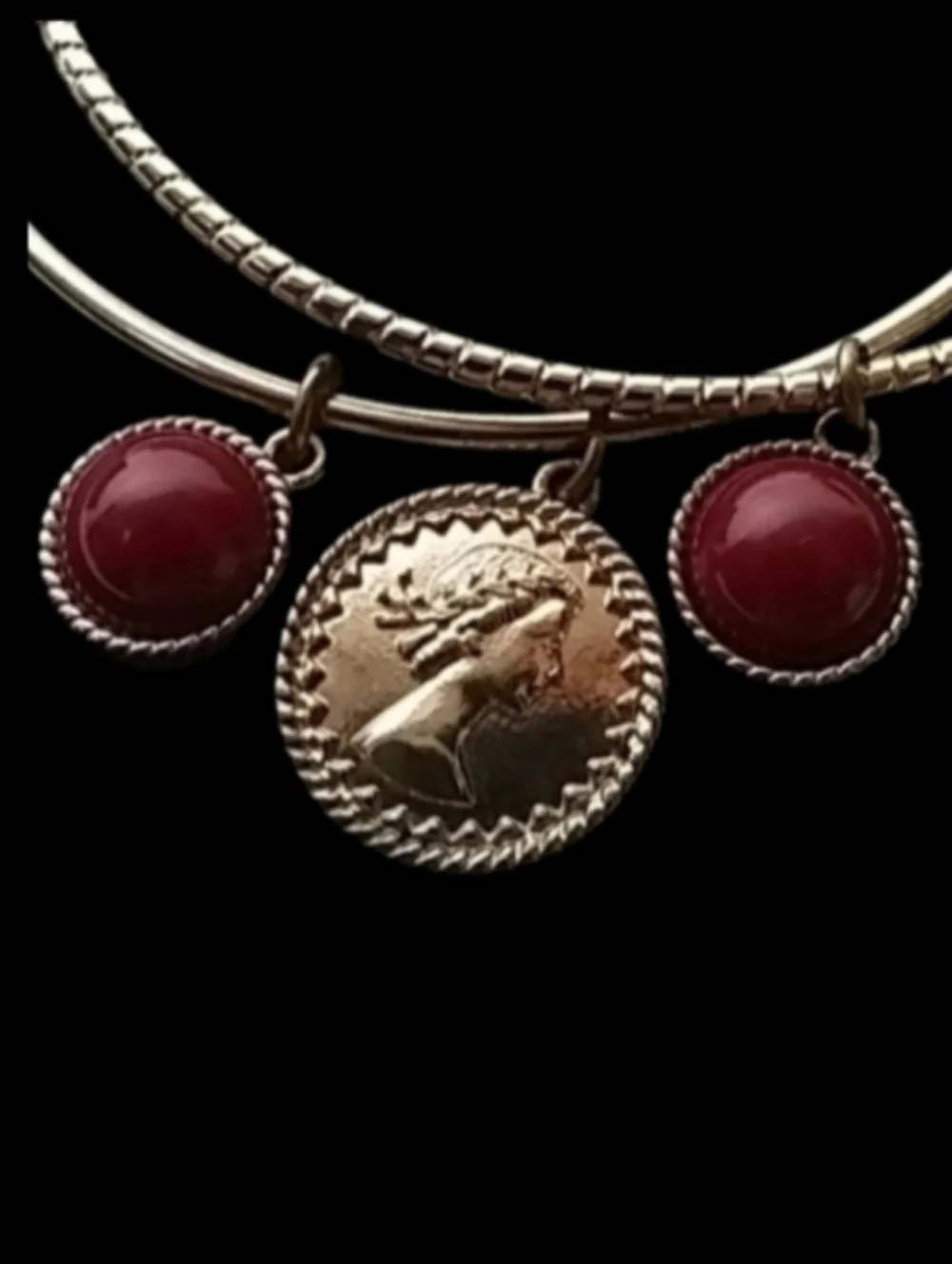 Gold-Tone Coin Charm Bangle Bracelets & Earrings with Red Enamel Accents | EUC
